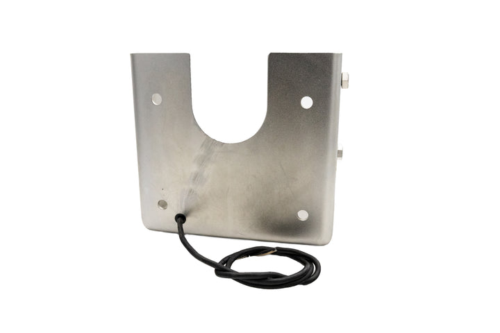 Wedge transom bracket in shot-peened stainless steel with CPI sensor, axis, Rev2, 17, featuring mounting holes and wiring.
