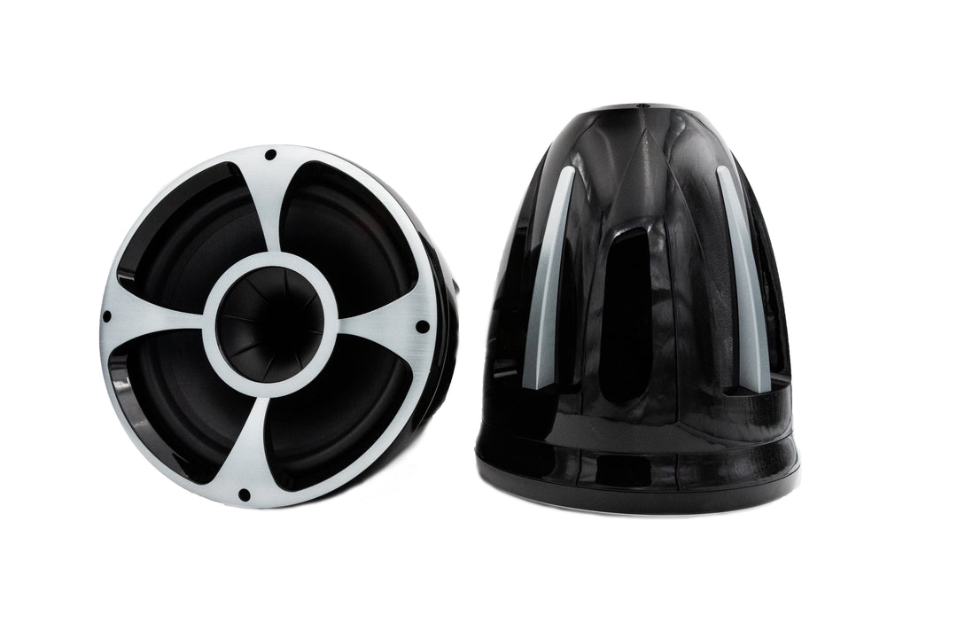 REV10 Tower Speaker Malibu-Black, 18-21 inches, Wet Sounds, black and silver, waterproof marine-grade tower speaker for boats.