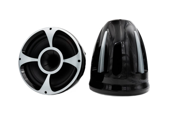 REV10 Tower Speaker Malibu-Black, 18-21 inches, Wet Sounds, black and silver, waterproof marine-grade tower speaker for boats.