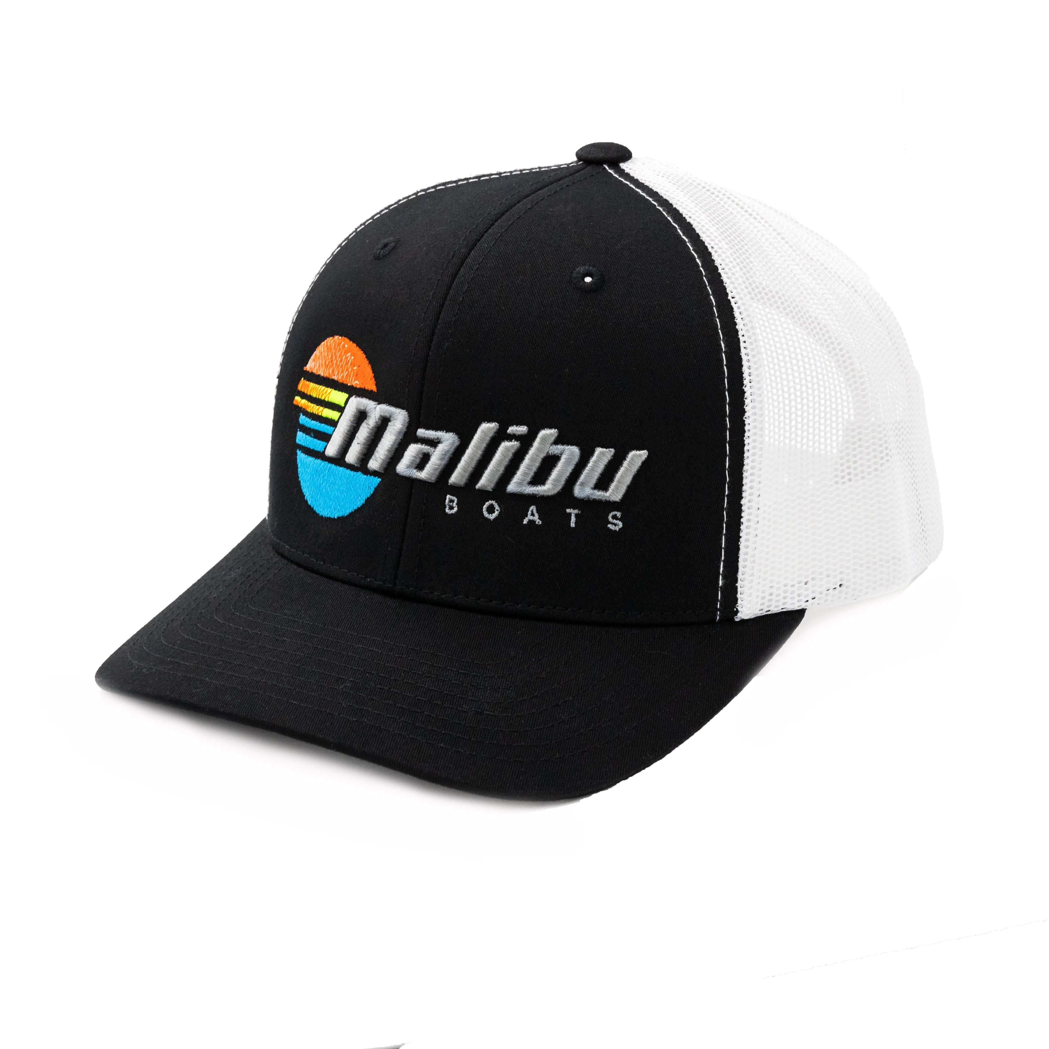 Black and white Malibu Trucker Hat with colorful embroidered Malibu Boats logo on front, mesh back for breathability.