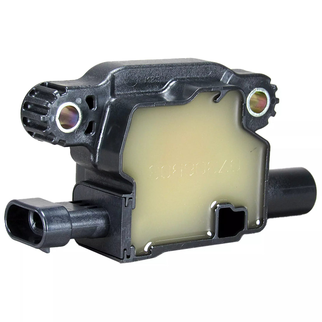 Ignition coil, 19, black and beige automotive part with electrical connectors, used for engine spark ignition systems.