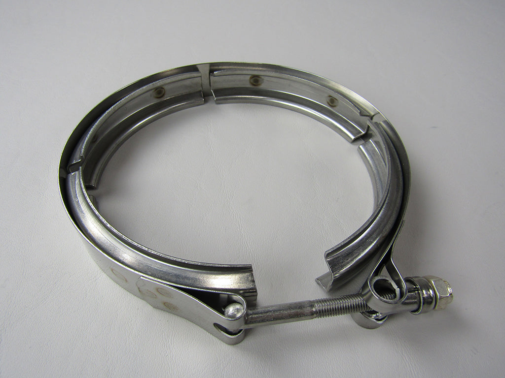 V-band clamp fastener for engine, V-Band-M series, made of metal, used to secure exhaust components.