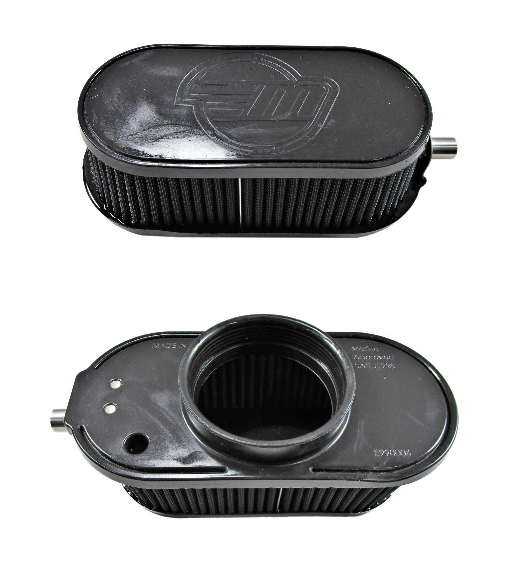Black M-Series M5DI air intake spark arrestor with a cylindrical opening and ribbed filter, designed for vehicle air filtration.