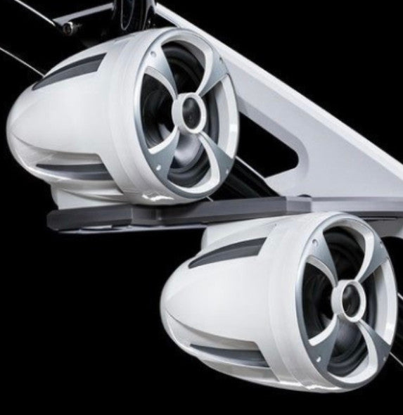Pair of REV10 Malibu-White tower speakers designed for marine use, featuring sleek white enclosures and high-performance drivers.