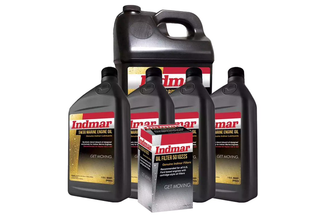 Indmar Oil Service Kit includes four bottles of marine engine oil and one oil filter for maintenance and performance.