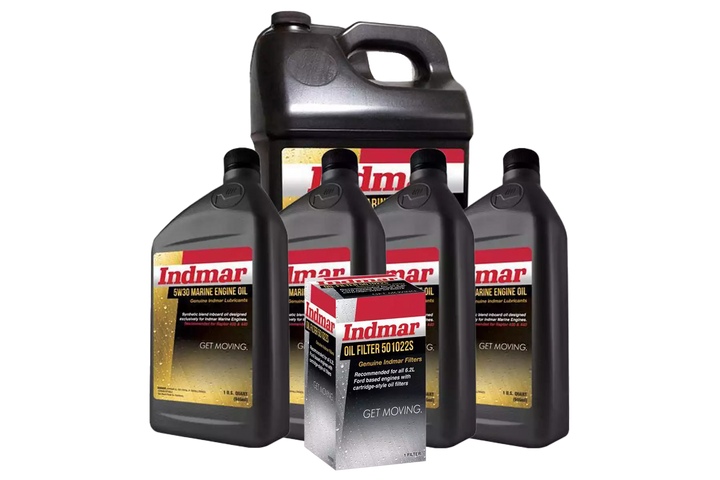 Indmar Oil Service Kit includes four bottles of marine engine oil and one oil filter for maintenance and performance.