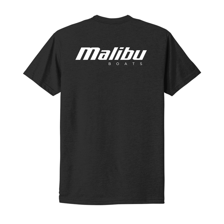 Black Malibu Monochrome T-shirt with bold white Malibu Boats logo on the back. Casual, stylish, perfect for boat lovers.