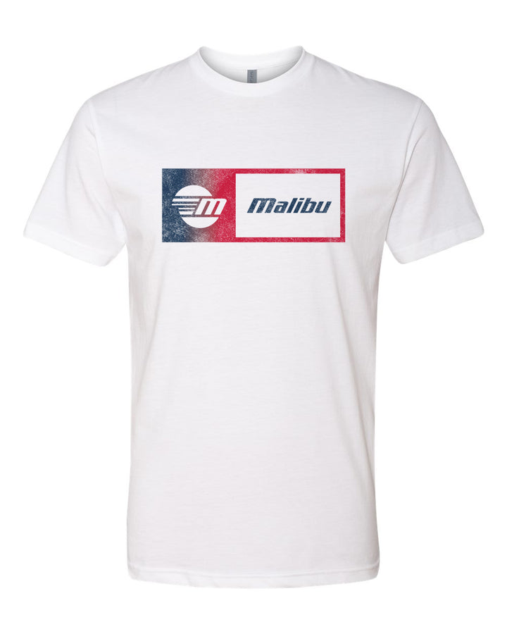 White Malibu Statement Tee with a vintage-style logo featuring a circular design and the word "Malibu" inside a rectangular frame.
