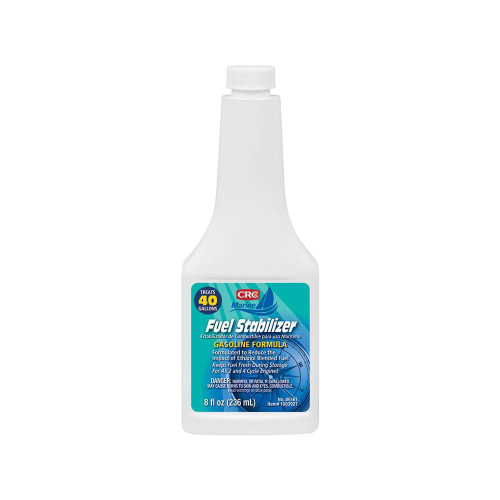Bottle of CRC Marine Gasoline Fuel Stabilizer, 8 oz, designed to keep fuel fresh and prevent ethanol damage in engines.