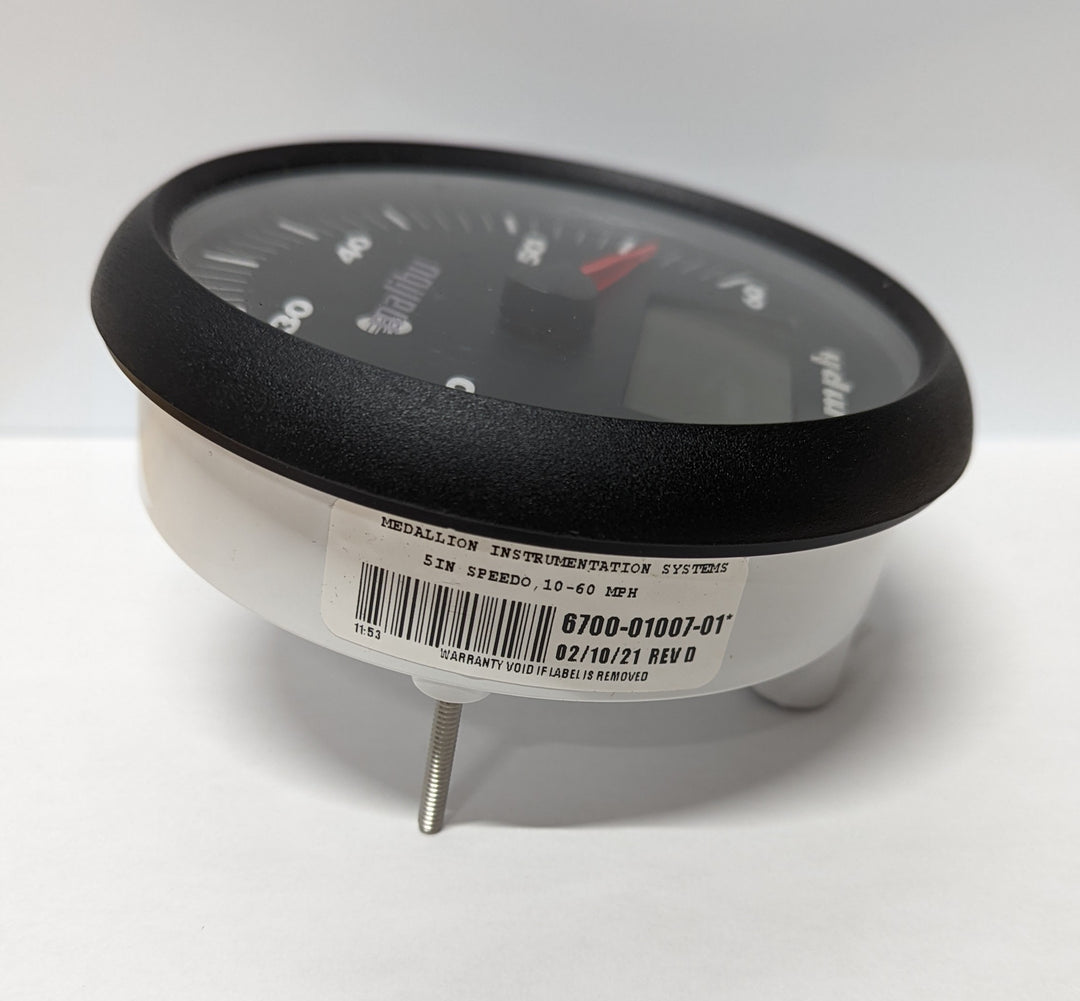 Speedometer with a 5-inch LCD display, black bezel, and white body, showing speed range 10-60 MPH.