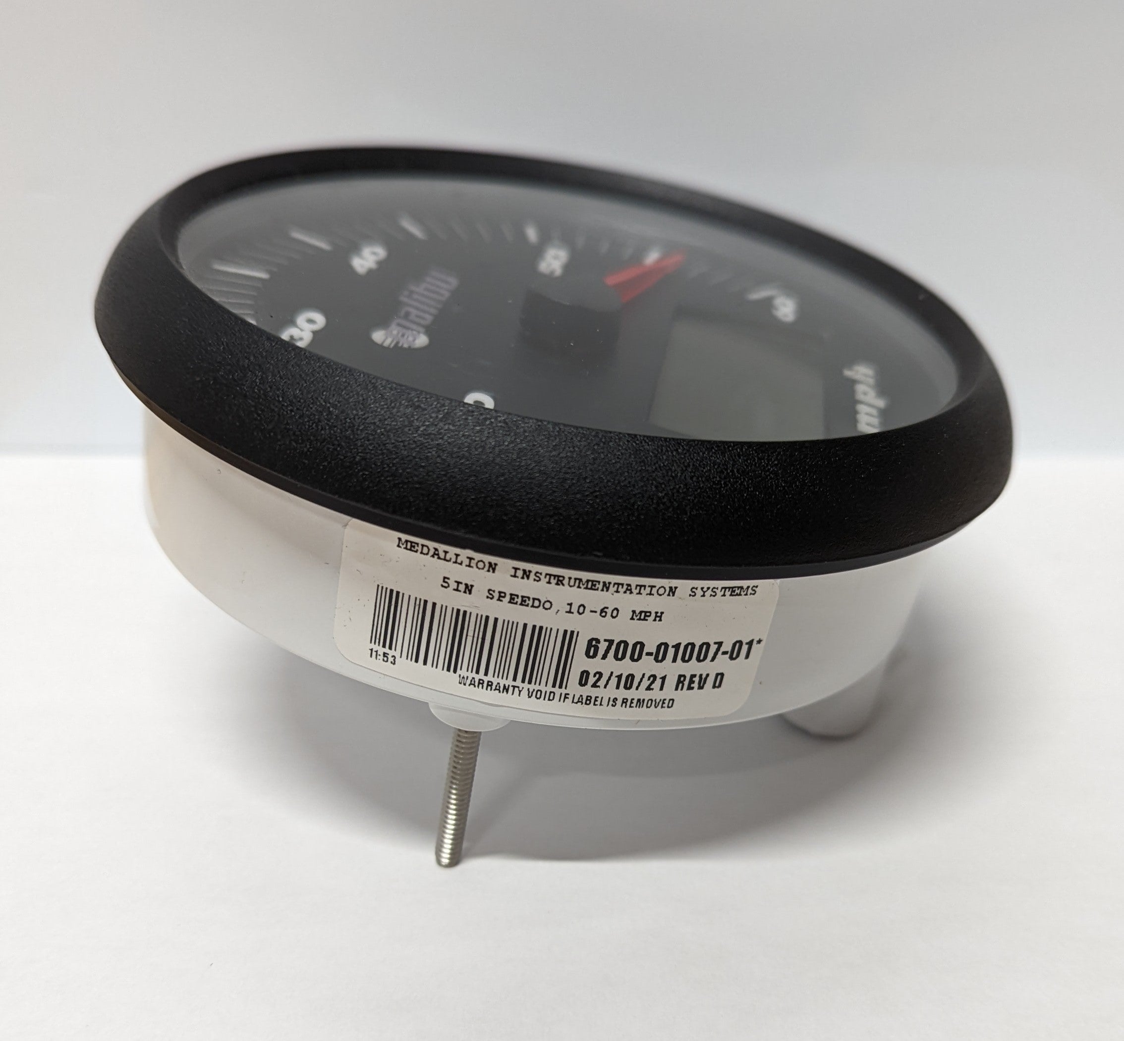 Speedometer with a 5-inch LCD display, black bezel, and white body, showing speed range 10-60 MPH.