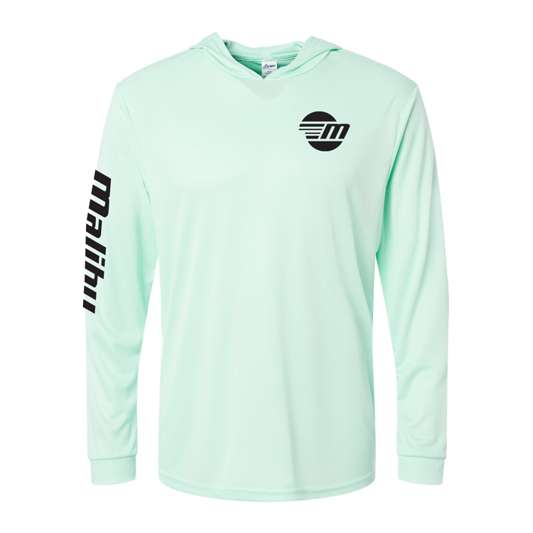 Light mint green shaded shredder sun hoodie with black logo on chest and "MALIBU" printed on the left sleeve.