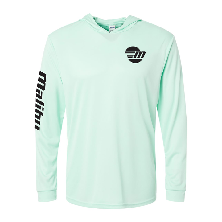 Light mint green shaded shredder sun hoodie with black logo on chest and "MALIBU" printed on the left sleeve.