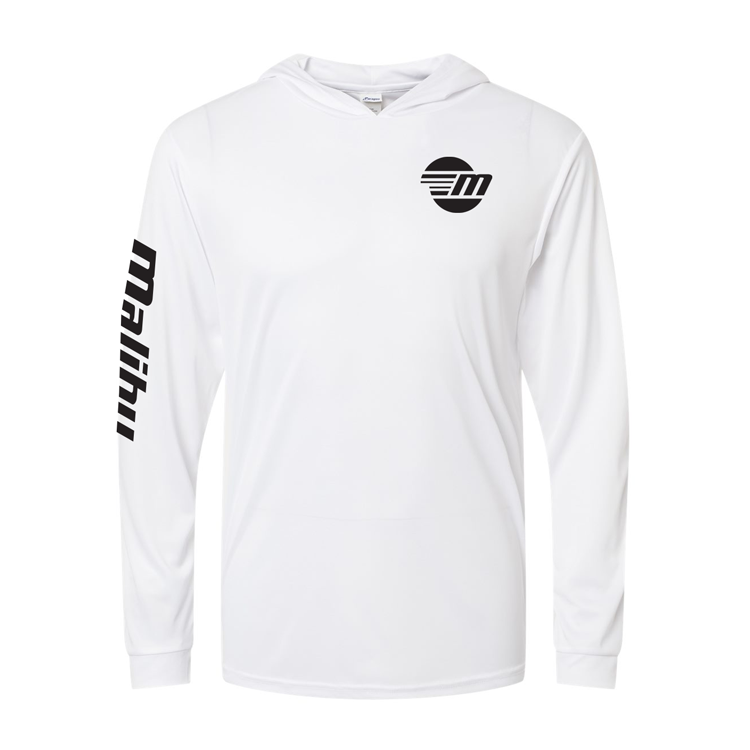 White Malibu Shaded Shredder Sun Hoodie with black logo and text, long sleeves, and a hood for sun protection.