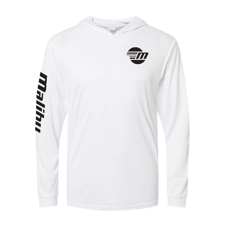 White Malibu Shaded Shredder Sun Hoodie with black logo and text, long sleeves, and a hood for sun protection.