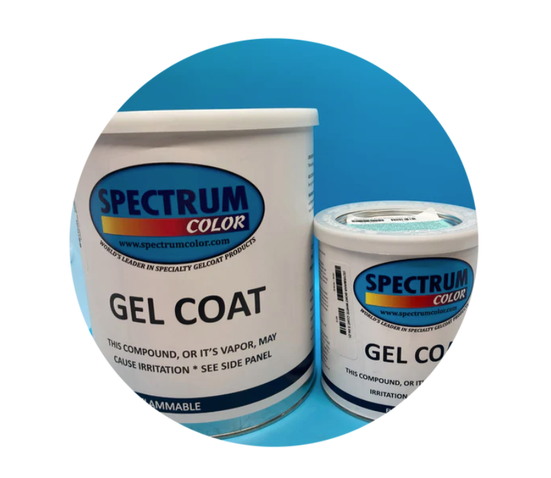 Two containers of Spectrum Malibu Gel Coat in dark blue, used for boat repair, with blue background and product labels visible.