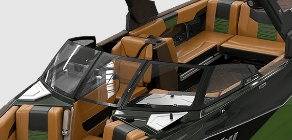 Close-up of a boat windshield, Veralex Rev3 model, designed for 2016-2019 boats, with black frame and clear glass.