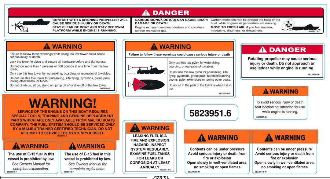 Collection of various warning labels on a boat, including safety instructions for engine service, propeller danger, and fuel handling.