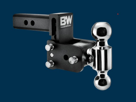 B&amp;W TOW &amp; STOW adjustable ball mount with chrome hitch ball and black mounting bracket for trailer towing.