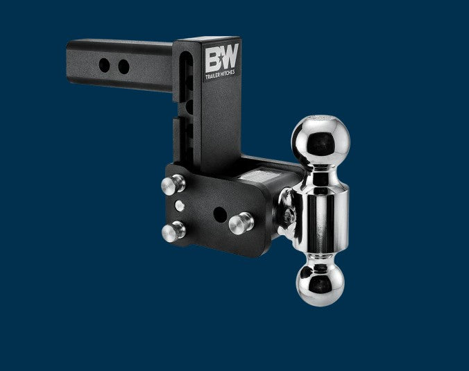 Black and silver B&amp;W TOW &amp; STOW adjustable ball mount with hitch receiver and locking mechanism for trailer towing.
