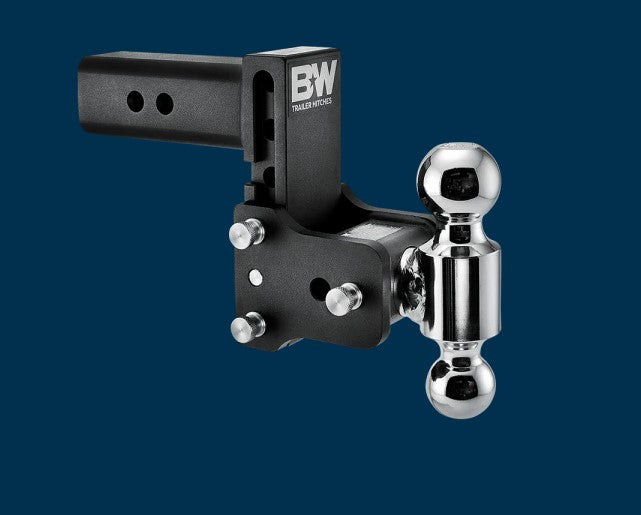 Black and silver B&amp;W TOW &amp; STOW adjustable ball mount with mounting bracket and hitch ball for trailer towing.