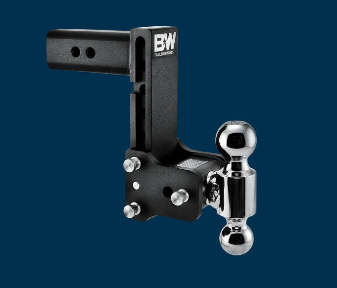 Black and chrome B&amp;W TOW &amp; STOW adjustable ball mount with locking mechanism for trailer hitch, compact and versatile design.
