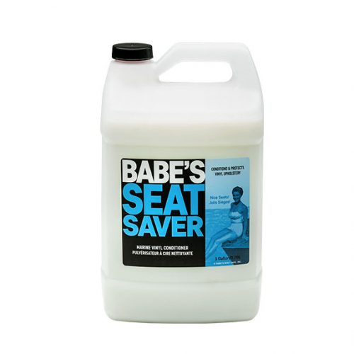 Large white container of Babe's Seat Saver marine vinyl conditioner with black cap and blue label.