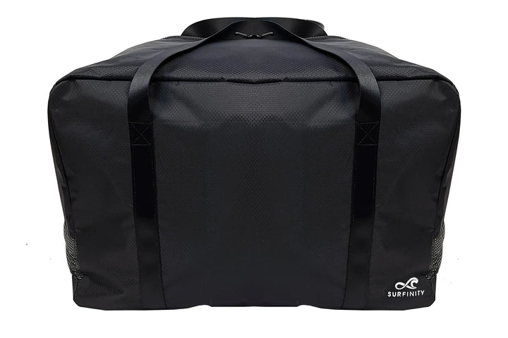 Black factory cover bag with handles and mesh side pockets, designed for surfboards, branded with Surfinity logo.