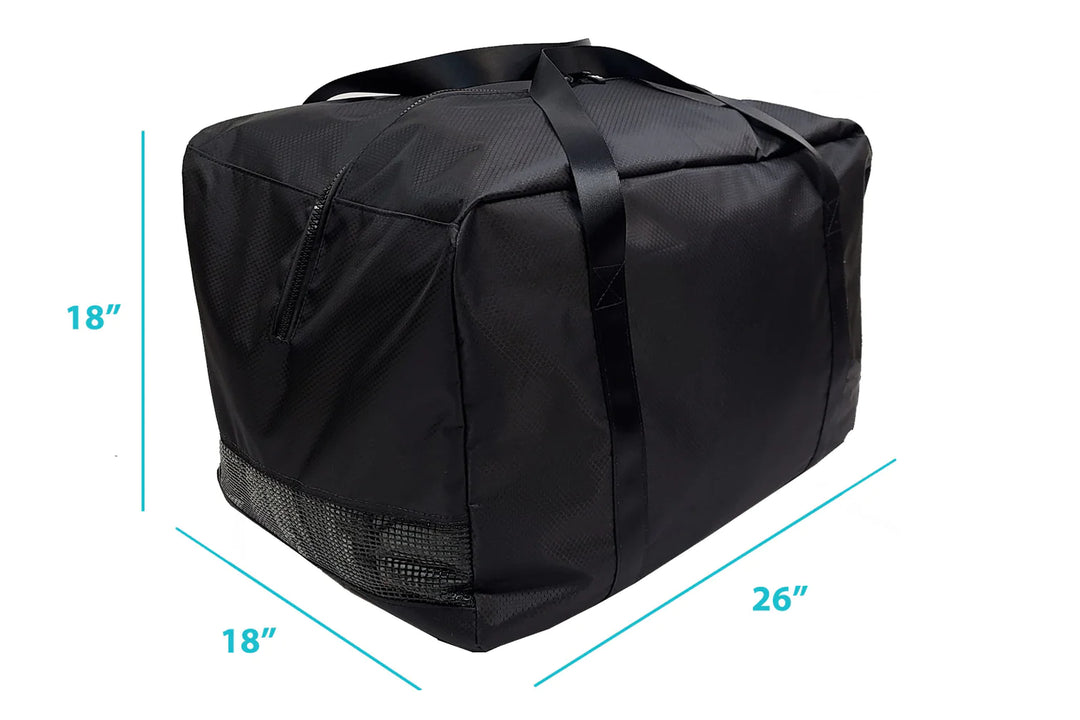 Black factory cover bag measuring 18x18x26 inches, made of durable material with a front zipper and mesh vent.