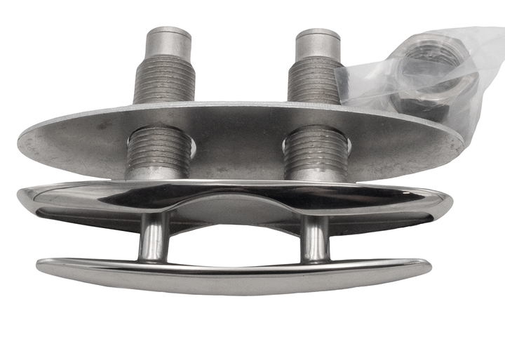 Stainless steel Axis Pull Up Cleat with multiple mounting bolts, designed for secure boat or dock anchoring.