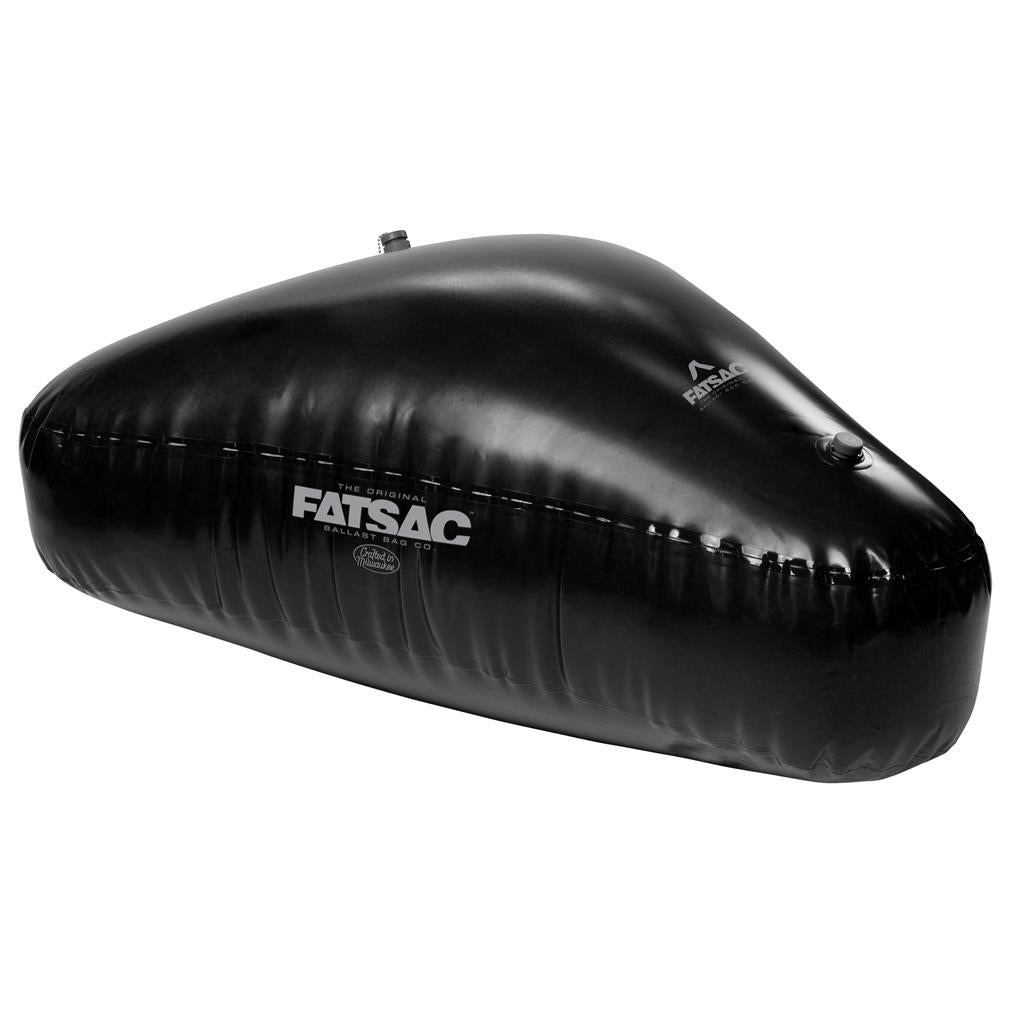 Black FATSAC open bow ballast bag with 650-pound capacity, designed for boat weight adjustment and stability.