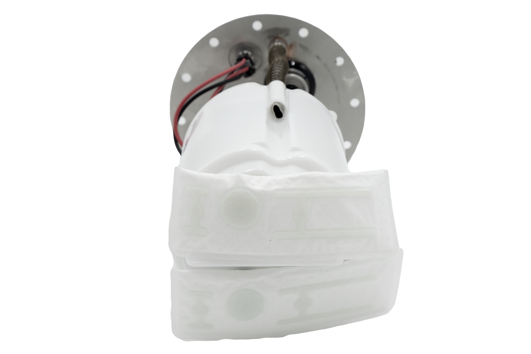 View of an in-tank fuel pump with white protective covers, wiring, and mounting plate, isolated on a white background.