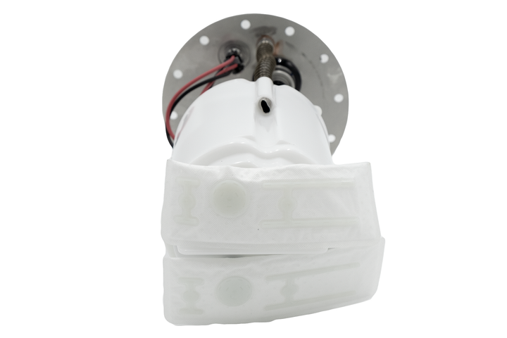 View of an in-tank fuel pump with white protective covers, wiring, and mounting plate, isolated on a white background.