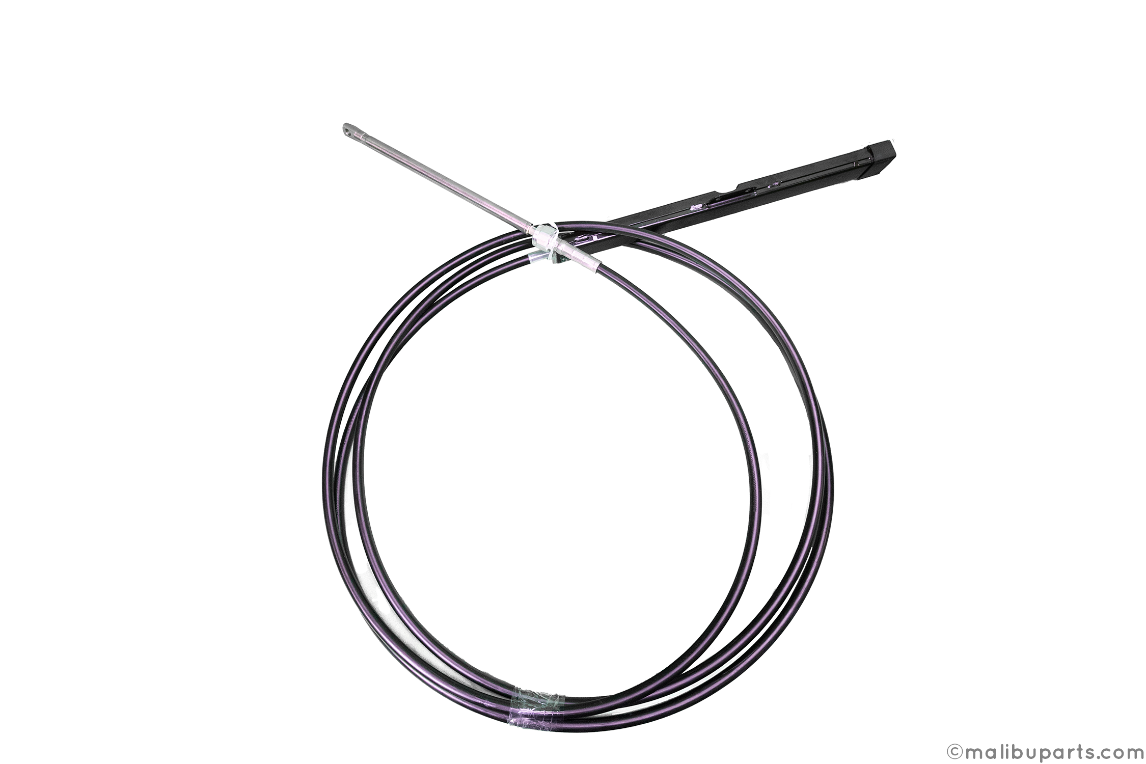 21-foot steering cable with metal and plastic components, used for boat steering systems.