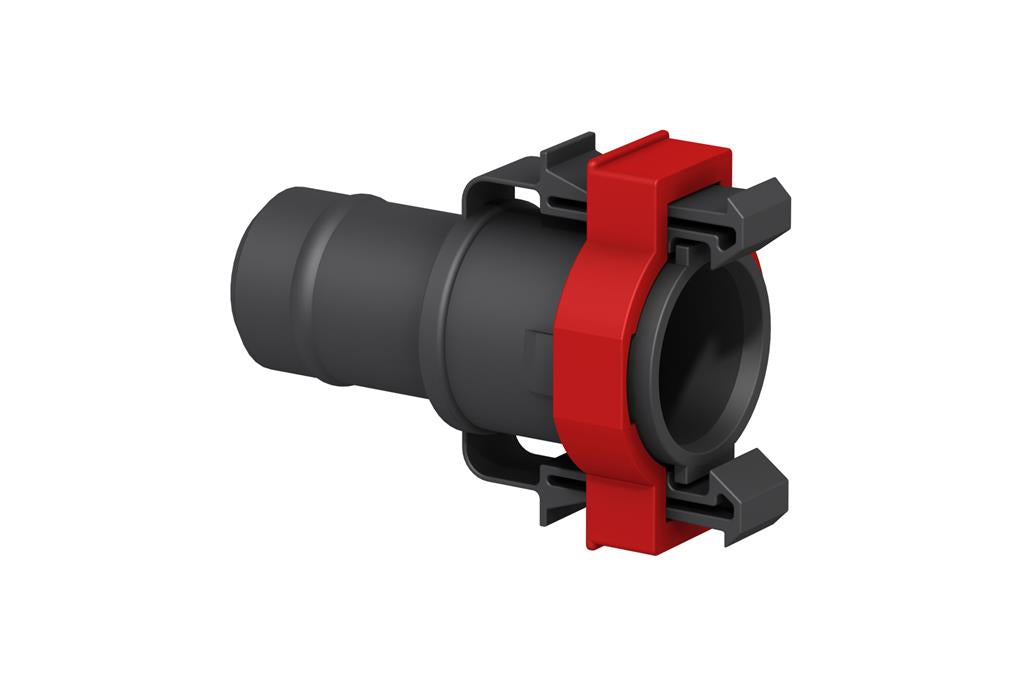 Flow Rite 3/4" straight pipe fitting with black body and red locking mechanism for secure connection.