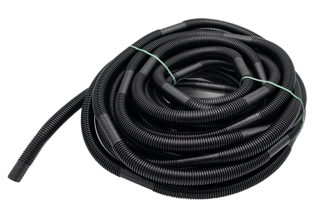 Coiled black 3/4-inch bilge pump hose with ribbed exterior, used for marine bilge water removal.