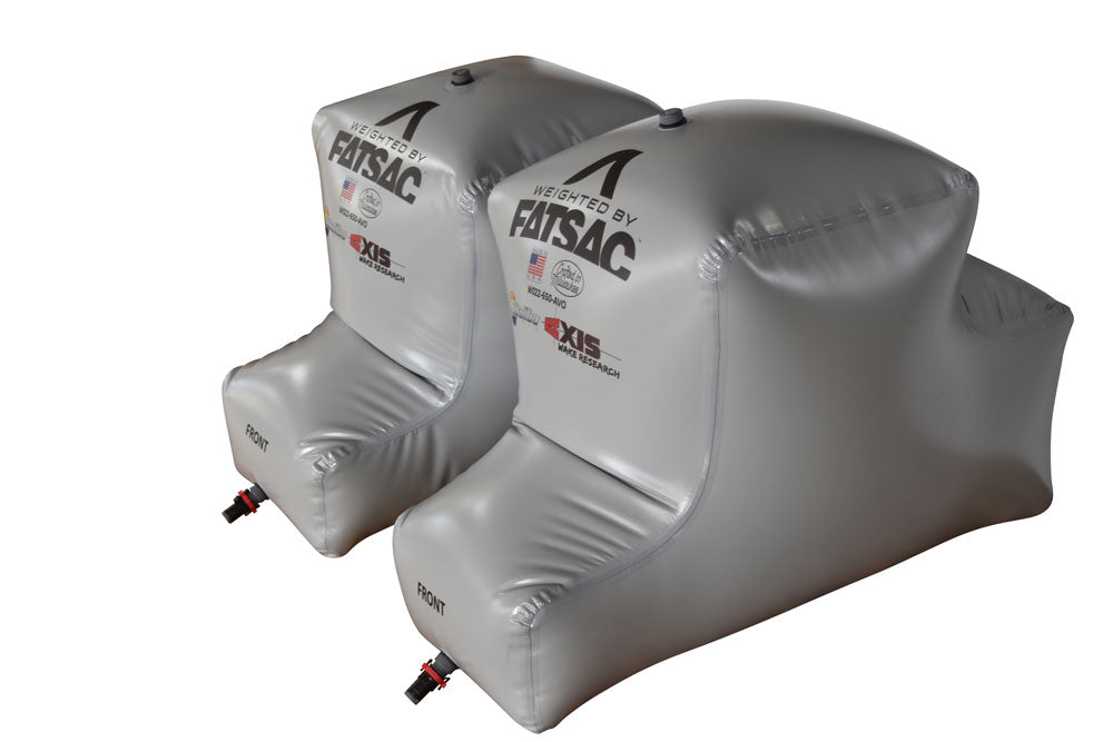 Set of two Malibu PNP 650 lbs rear FatSacs inflatable water ballast bags for boat stability, with durable silver covers and valve fittings.