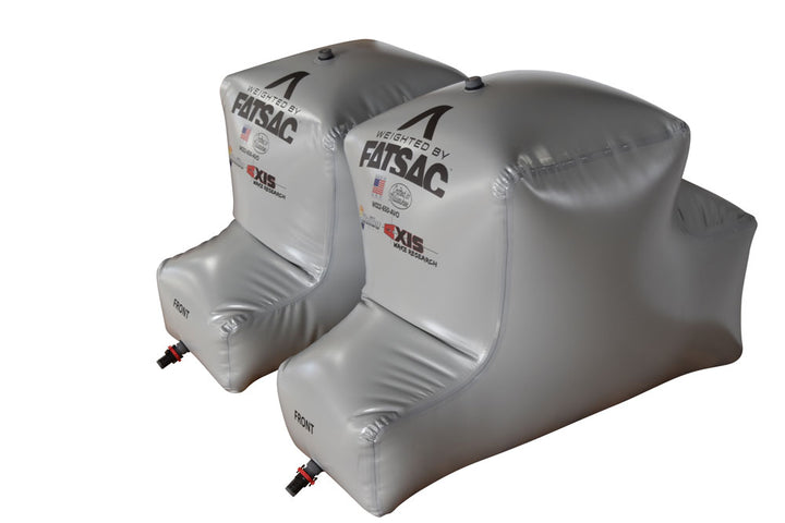 Set of two Malibu PNP 650 lbs rear FatSacs inflatable water ballast bags for boat stability, with durable silver covers and valve fittings.