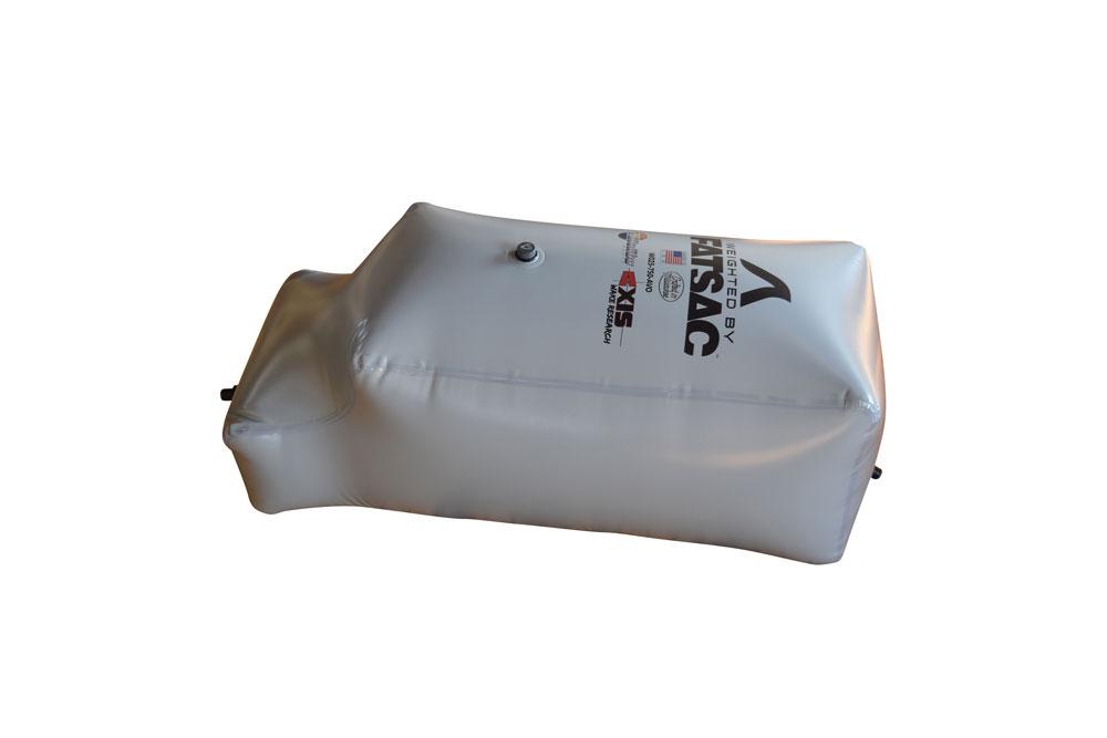 Rear FatSac inflatable bag with 750 lbs capacity, designed for boat ballast, in silver with branding and valve.