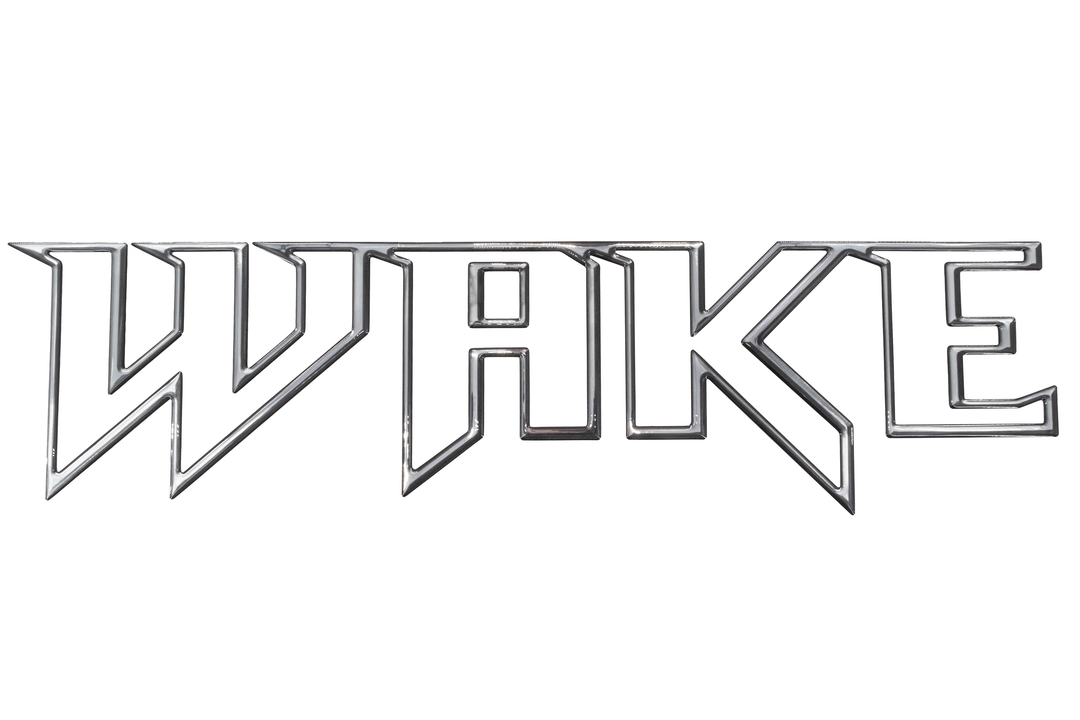 Silver "WAKE" text in a bold, angular font with a 3D drip mold overlay effect, isolated on a white background.