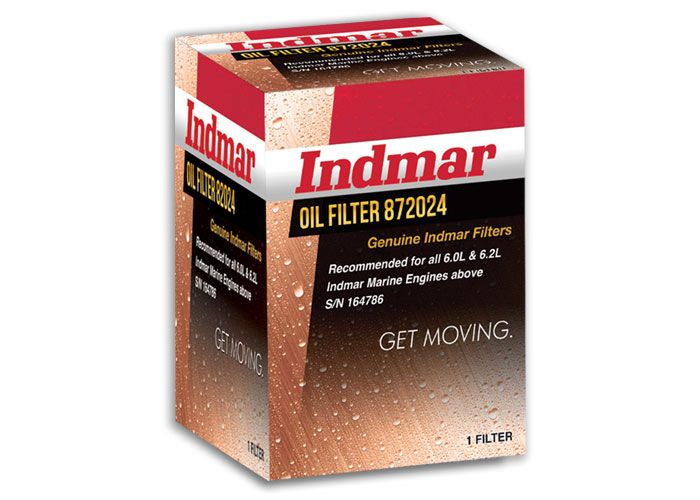 Box of Indmar oil filter 872024 for marine engines, recommended for 6.0L and 6.2L engines, with water droplets design.