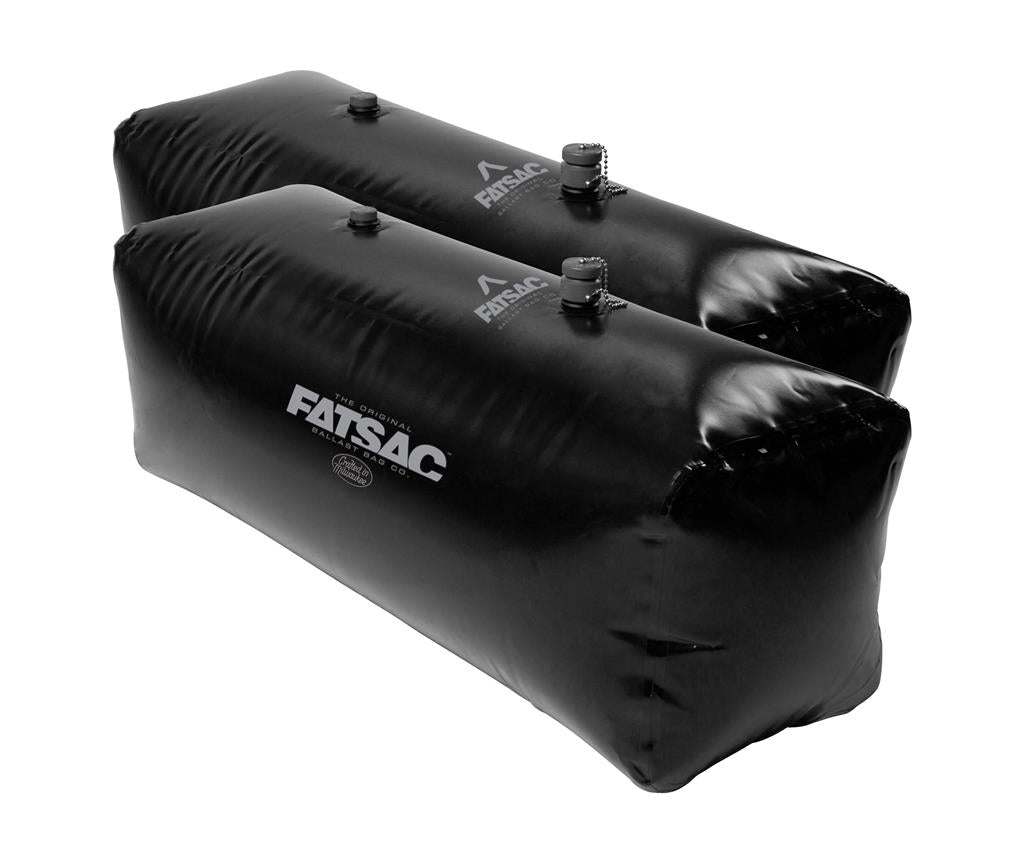 Black Fat Sac ballast bag set, designed to hold up to 400 pounds for vehicle or boat suspension.