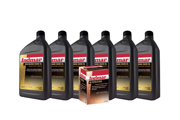 Six bottles of Indmar 5W30 marine engine oil and one oil filter box arranged together, used for boat engine maintenance.